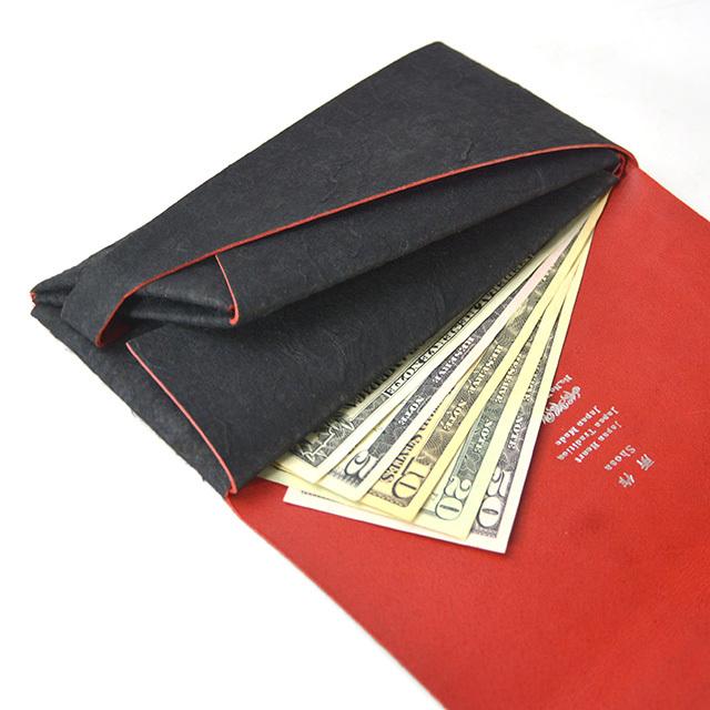 所作（shosa） 財布 黒和紙×レッド レザー ロング ウォレット shosa No