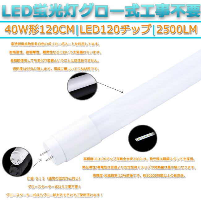 LED蛍光灯 40W形 120cm 昼光色6500K 割れにくい PC製 直管型 両側給電