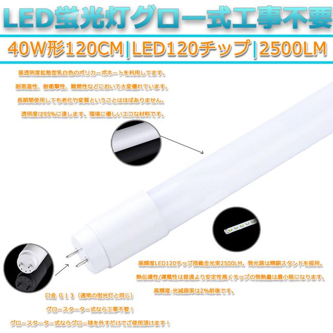 LED蛍光灯 40W形 120cm 昼光色6500K 割れにくい PC製 両側給電 直管型