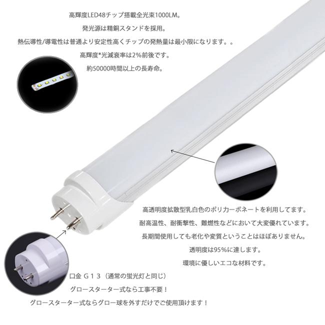 LED蛍光灯 15w形 44cm 昼白色 5000K 1本 直管型 G13 180° 発光 グロー式工事不要 両側給電 高輝度 節約 省エネ 照明 ライト|stostarshop|02