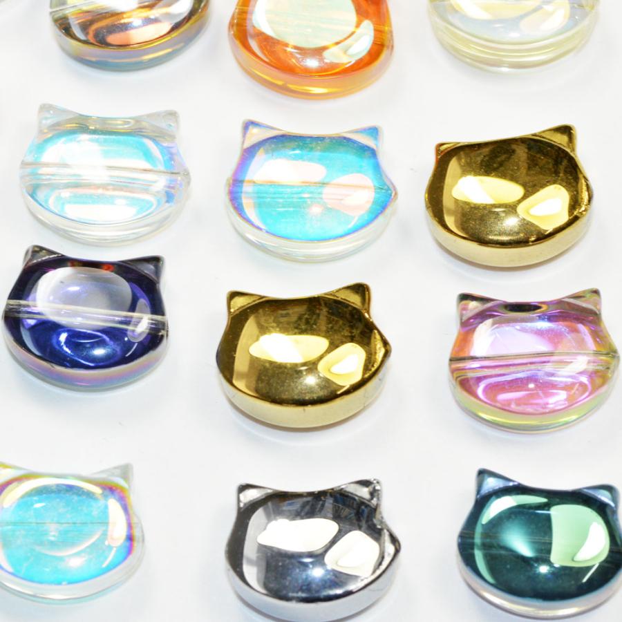 猫の顔 頭 ガラスビーズ よこ穴 10×8mm ミックスオーロラカラー 3コ入り CT026 | 