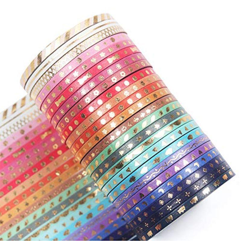 YUBBAEX マスキングテープ 金箔押し 3mm幅 x 24巻 薄いです プレゼント包装、DIY工芸品、ノートの装飾に使える (虹色のブロ