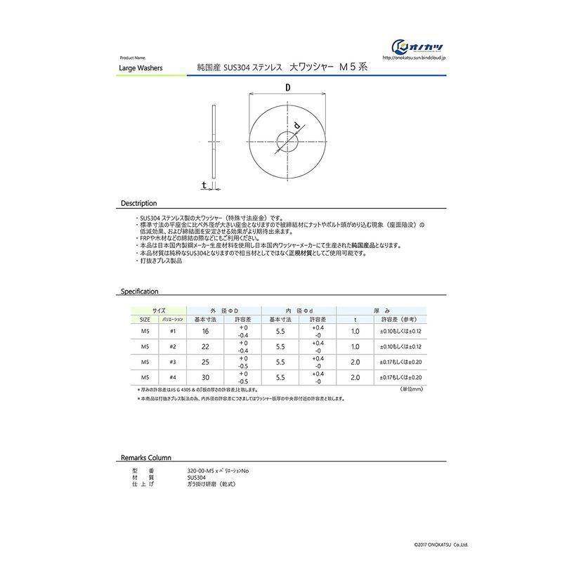 オノカツ 純国産SUS304 ステンレス 大ワッシャー M5用 外径16mm, 厚み1mm50枚入 320-00-M5x#1｜strageriku｜02