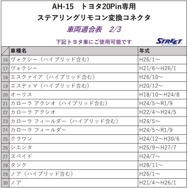 STREET（車） トヨタ ステアリングリモコン 変換コネクタ 20ピン