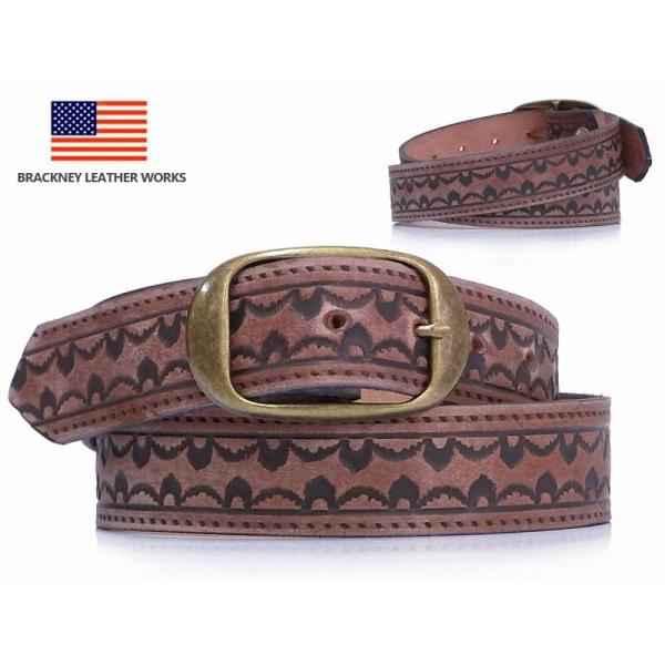 BRACKNEY LEATHER WORKS】アメリカ製型押 レザーベルトBELT　ウェーブ柄　ブラウン 5307　11729　21028 23042 | 