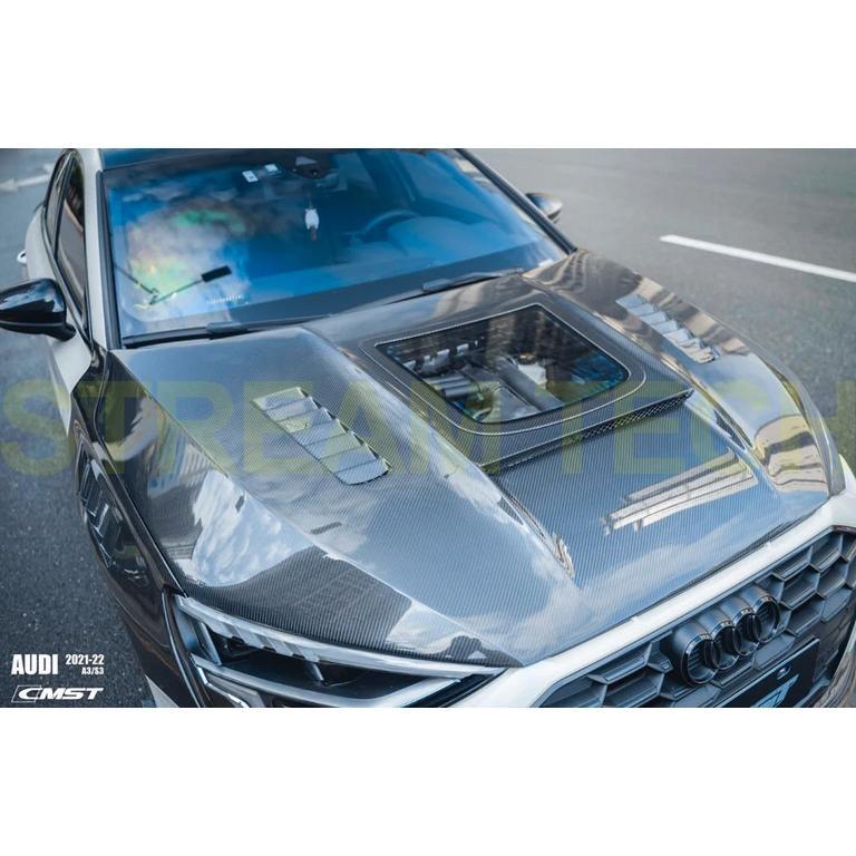 AUDI アウディ 8Y A3 S3 RS3用 天窓タイプ カーボン ボンネット 2種類有 綾織カーボン フォージドカーボン エンジンフード カーボンフード 強化ガラス Ver1 CMST |  | 02