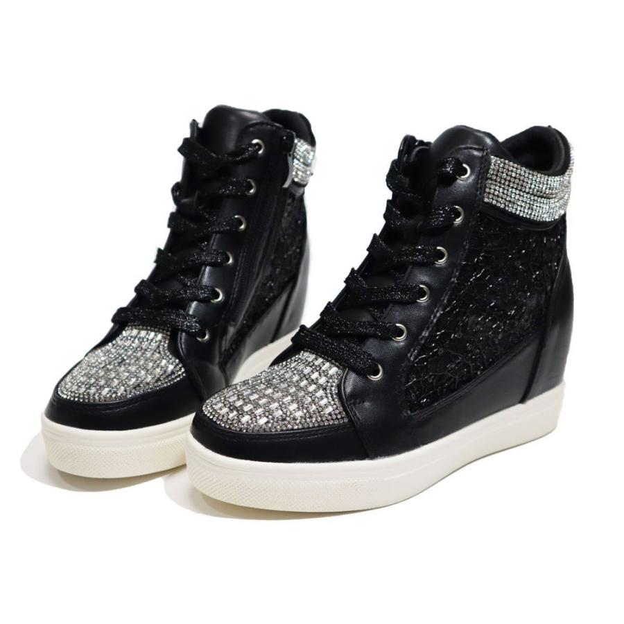 レースアップスニーカー 黒 ハイカット レディースシューズ ファスナー付 スニーカー インヒールスニーカー ビジュー スパンコールメッシュ おしゃれ Sk349 Sk349 Popolare Online Shop 通販 Yahoo ショッピング