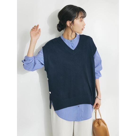 【CRAFT STANDARD BOUTIQUE】【洗える】ニットベスト+バンドカラーシャツ-SET｜stripeclubused｜03