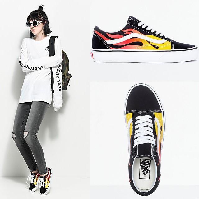 Vans バンズ スニーカー 大人気 ユニセックス オールドスクール フレイム ブラック ホワイト フレーム ファイヤー Old Skool Flame 炎柄 Yos0721 Stroke 通販 Yahoo ショッピング