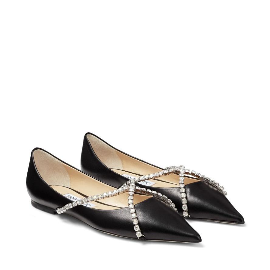 奇跡の再販 Jimmy Choo ジミーチュウ Genevi Flat レディース パンプス ブラック 黒 レザー クリスタルチェーン 21年春夏再入荷 Newmatic Ae