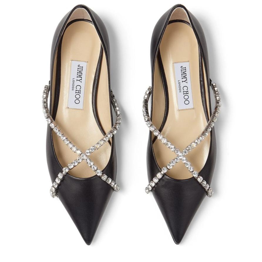奇跡の再販 Jimmy Choo ジミーチュウ Genevi Flat レディース パンプス ブラック 黒 レザー クリスタルチェーン 21年春夏再入荷 Newmatic Ae