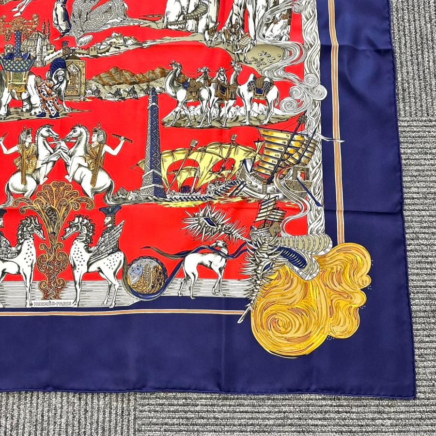 HERMÈS エルメス シルクスカーフ SOIE レッド×ネイビー 箱あり HERMES（エルメス） 【返品OK】美品 カレ90 スカーフ Au FIL de la