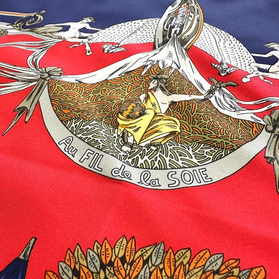 HERMÈS エルメス シルクスカーフ SOIE レッド×ネイビー 箱あり 【公式