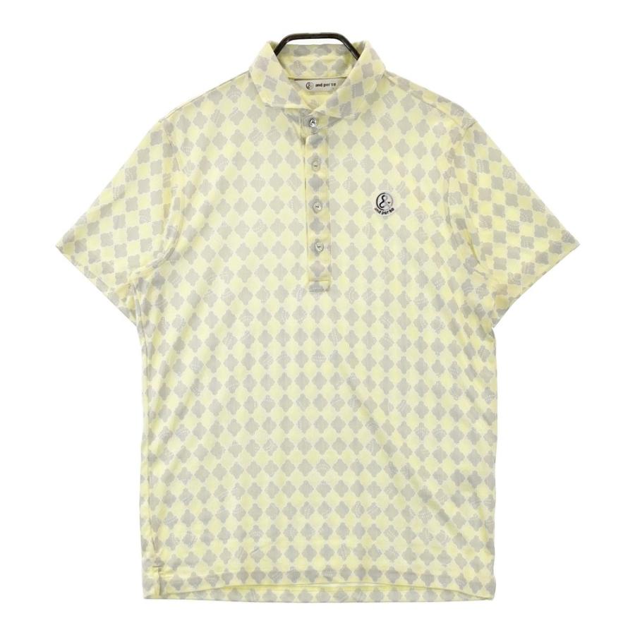 サイズ：LL AND PER SE アンパスィ  半袖ポロシャツ ワッペン 総柄 イエロー系 [240101439968] ゴルフウェア メンズ ストスト AND PER SE アンパスィ 半袖ポロシャツ イエロー系 l ゴルフ