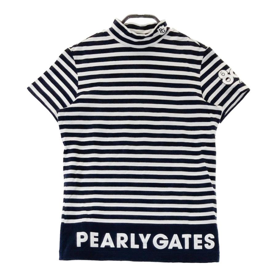 サイズ：1 PEARLY GATES パーリーゲイツ  ハイネック半袖Tシャツ ボーダー柄 ネイビー系 [240101459184] ゴルフウェア レディース ストスト PEARLY GATES パーリーゲイツ ハイネック 半袖Tシャツ ボーダー