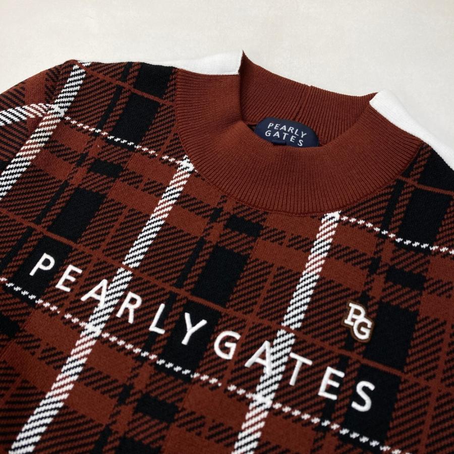 サイズ：1 PEARLY GATES パーリーゲイツ 2023年モデル モックネック ニットセーター チェック柄 ブラウン系 [240101426610] ゴルフウェア レディース ストスト PEARLY GATES パーリーゲイツ 2023年モデル モックネック ニット