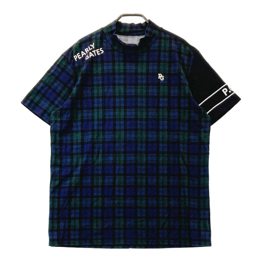 サイズ：6 PEARLY GATES パーリーゲイツ 2023年モデル モックネック 半袖Tシャツ プリント チェック柄 ネイビー系 [240101442436] ゴルフウェア メンズ ストスト PEARLY GATES パーリーゲイツ 2023年モデル モックネック 半袖T