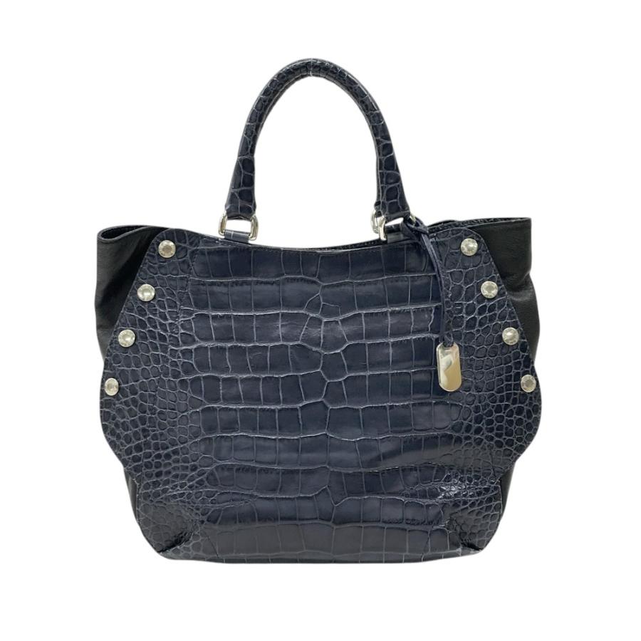 フルラ　トートバッグ　レザー　クロコ　型押し　ヴィンテージ加工　ロゴ金具 FURLA（フルラ） クロコ型押しトートバッグ ネイビー系 : ブランド古着