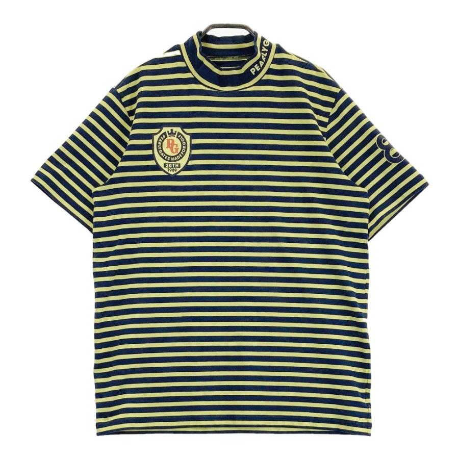 サイズ：6 PEARLY GATES パーリーゲイツ 2023年モデル ハイネック 半袖Tシャツ ボーダー柄 ネイビー系 [240101440522] ゴルフウェア メンズ ストスト PEARLY GATES パーリーゲイツ ロゴプリント ハイネック 半袖T