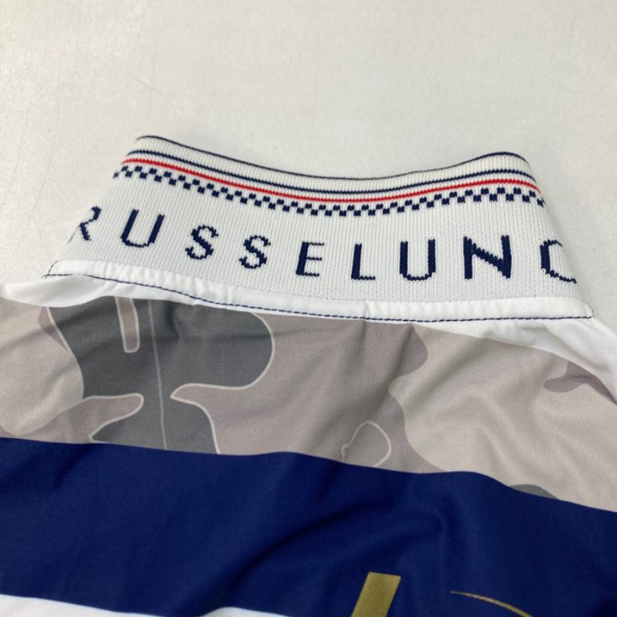 サイズ：4 RUSSELUNO ラッセルノ  半袖ポロシャツ ルチャ カモフラ ボーダー柄 ネイビー系 [240101453435] ゴルフウェア メンズ ストスト Russeluno（ラッセルノ） 半袖ポロシャツ ルチャ カモフラ ボーダー柄