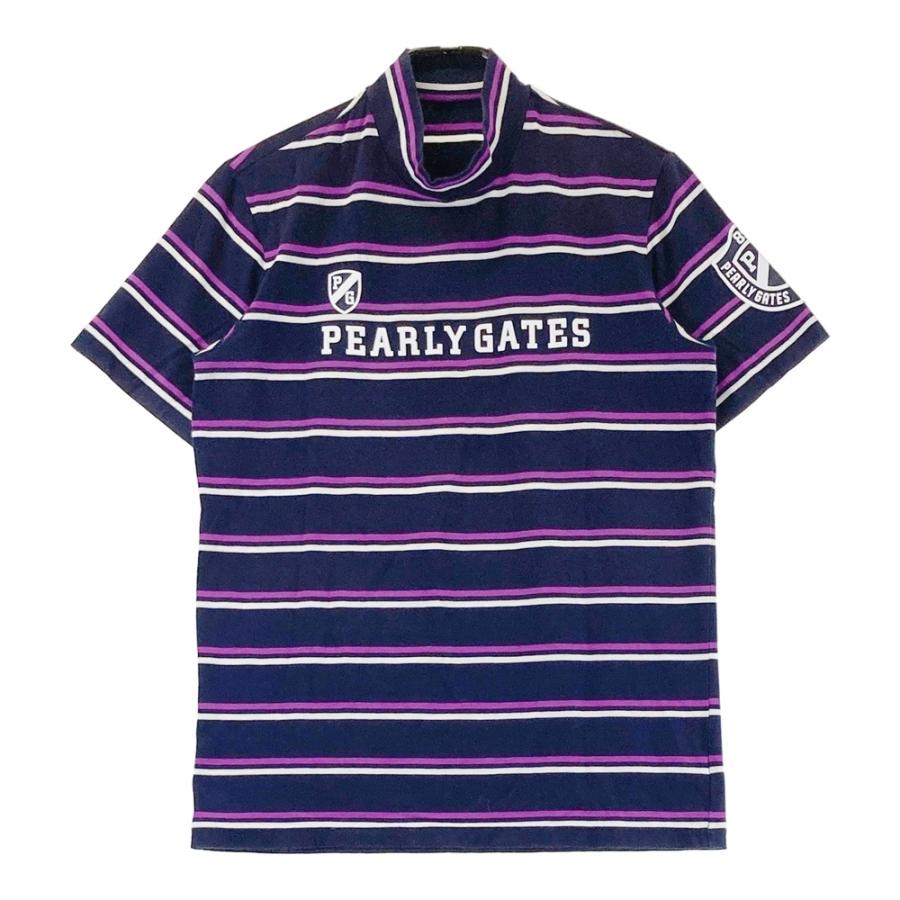 サイズ：6 PEARLY GATES パーリーゲイツ 2023年モデル ハイネック 半袖Tシャツ ボーダー柄 ネイビー系 [240101440522] ゴルフウェア メンズ ストスト PEARLY GATES パーリーゲイツ ハイネック 半袖Tシャツ ボーダー
