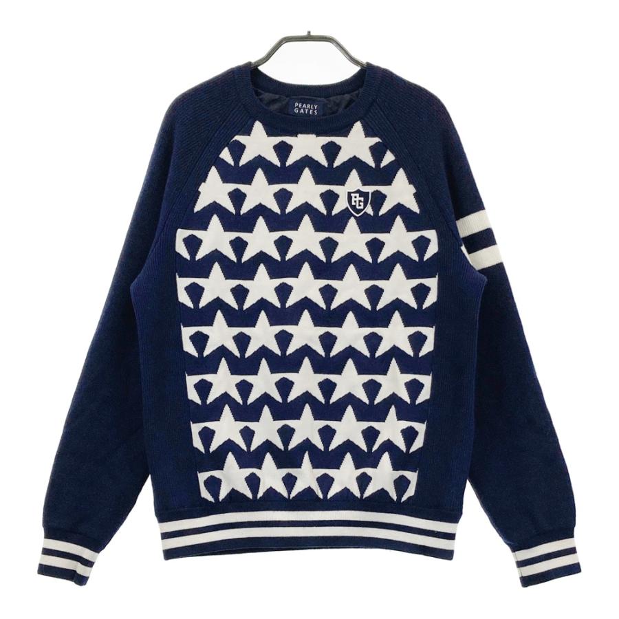 パーリーゲイツ ニットセーター 蓄熱 防風 星 スター ネイビー 総柄 PEARLY GATES パーリーゲイツ 裏地付 防風 ニットセーター 星 総