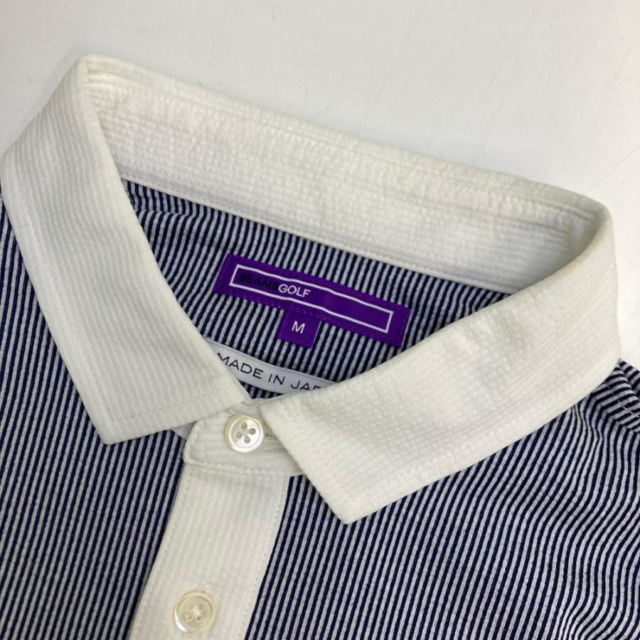 サイズ：M BEAMS GOLF ビームスゴルフ 2023年モデル 半袖ポロシャツ 刺繍 ストライプ柄 ネイビー系 [240101499048] ゴルフウェア メンズ ストスト BEAMS GOLF（ビームス ゴルフ） 2023年モデル 半袖ポロシャツ 刺繍