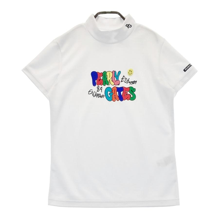サイズ：0 PEARLY GATES パーリーゲイツ 2024年モデル ハイネック 半袖Tシャツ ラバーロゴ  ホワイト系 [240101630010] ゴルフウェア レディース ストスト PEARLY GATES（パーリーゲイツ） 2024年 ハイネック 半袖Tシャツ