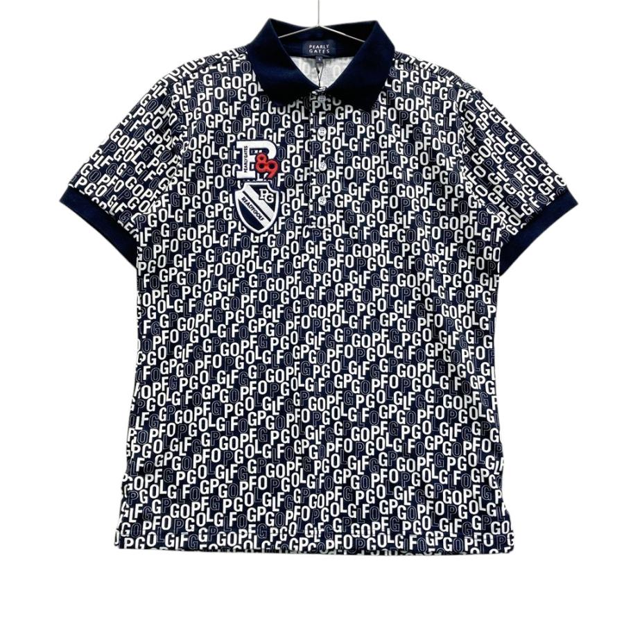 美品✨パーリーゲイツ 半袖ポロシャツ ワッペン ロゴ総柄 ネイビー 6(XL) 美品✨パーリーゲイツ 半袖ポロシャツ ワッペン ロゴ総柄