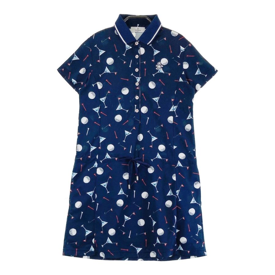 【美品】マンシングウェア ゴルフ ワンピース 総柄 ネイビー Lサイズ MUNSING WEAR マンシングウェア 半袖ワンピース 総柄 ネイビー系 M