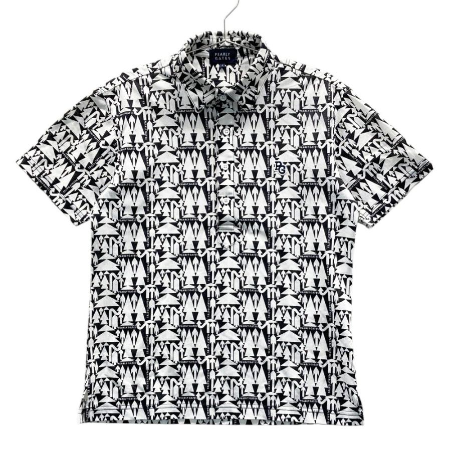 【未使用品】パーリーゲイツ ポロシャツ 半袖 ブラック ホワイト 総柄 サイズ4 PEARLY GATES パーリーゲイツ 半袖ポロシャツ 総柄 ホワイト系 4