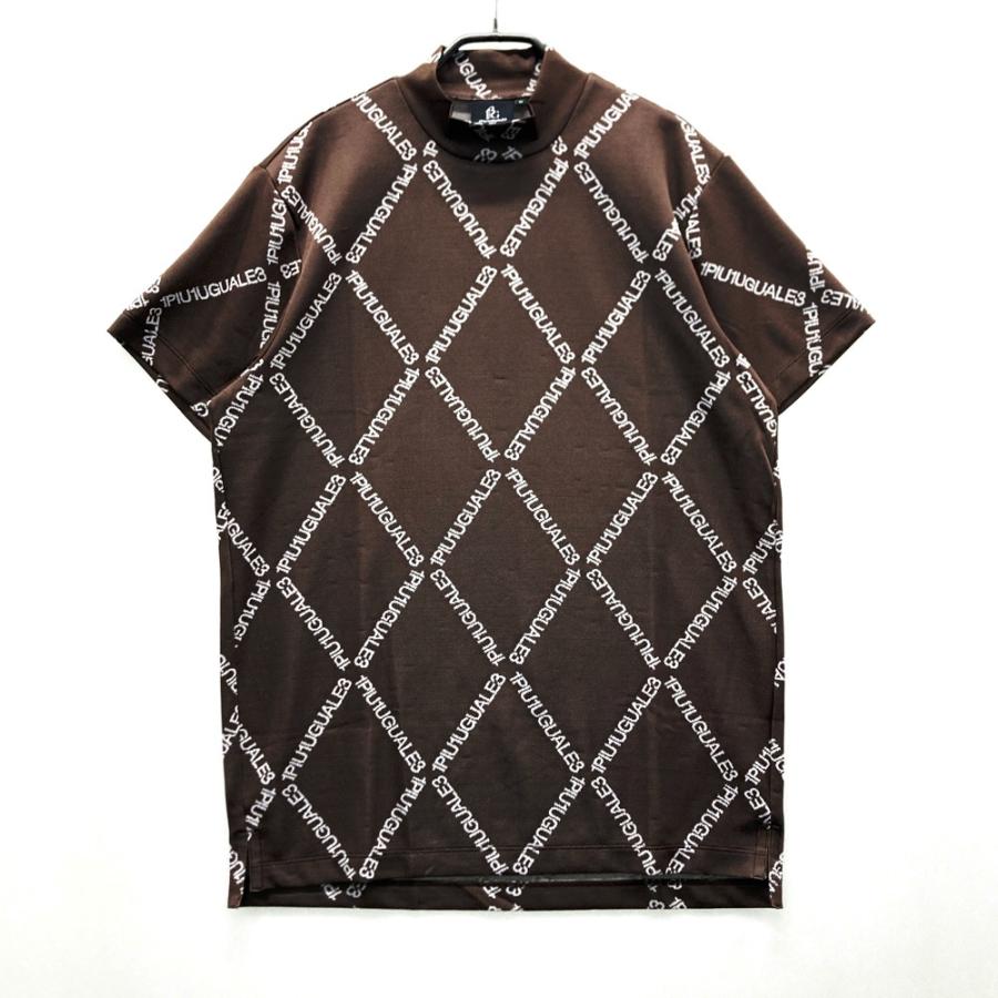 1PIU1UGUALE3 GOLF GRK063 ハイネック 半袖Tシャツ ロゴ総柄 ブラウン