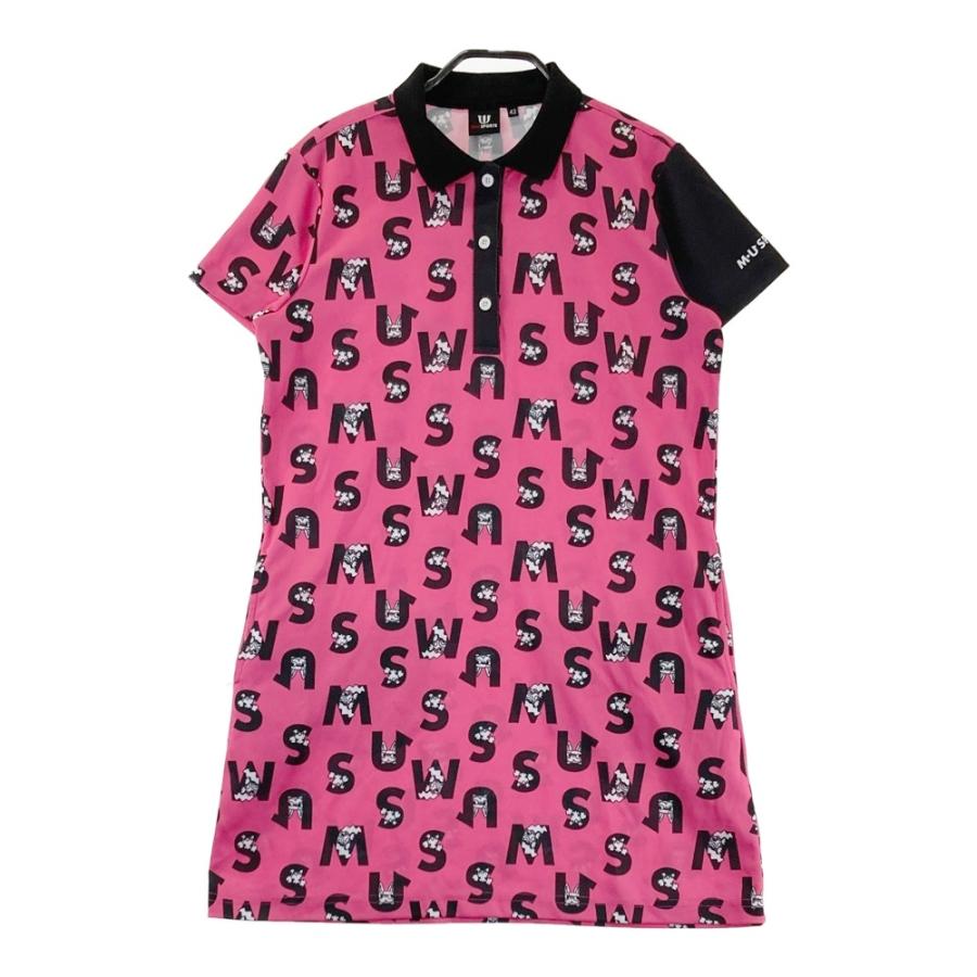 MU SPORTS バカンス柄ポロワンピース M.U SPORTS エムユースポーツ 半袖ポロ ワンピース 犬 ロゴ 総柄