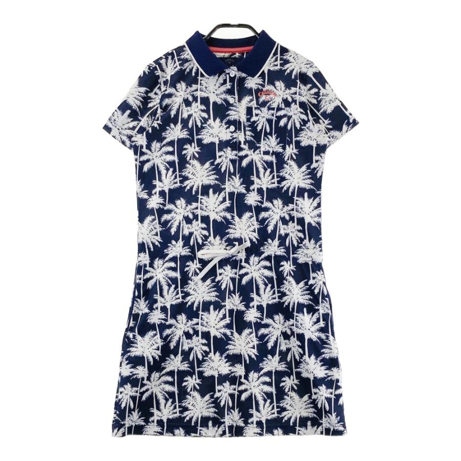 【未使用】キャロウェイ　Callaway ゴルフ　ワンピース CALLAWAY キャロウェイ 半袖ポロ ワンピース ヤシ柄 ネイビー系 S