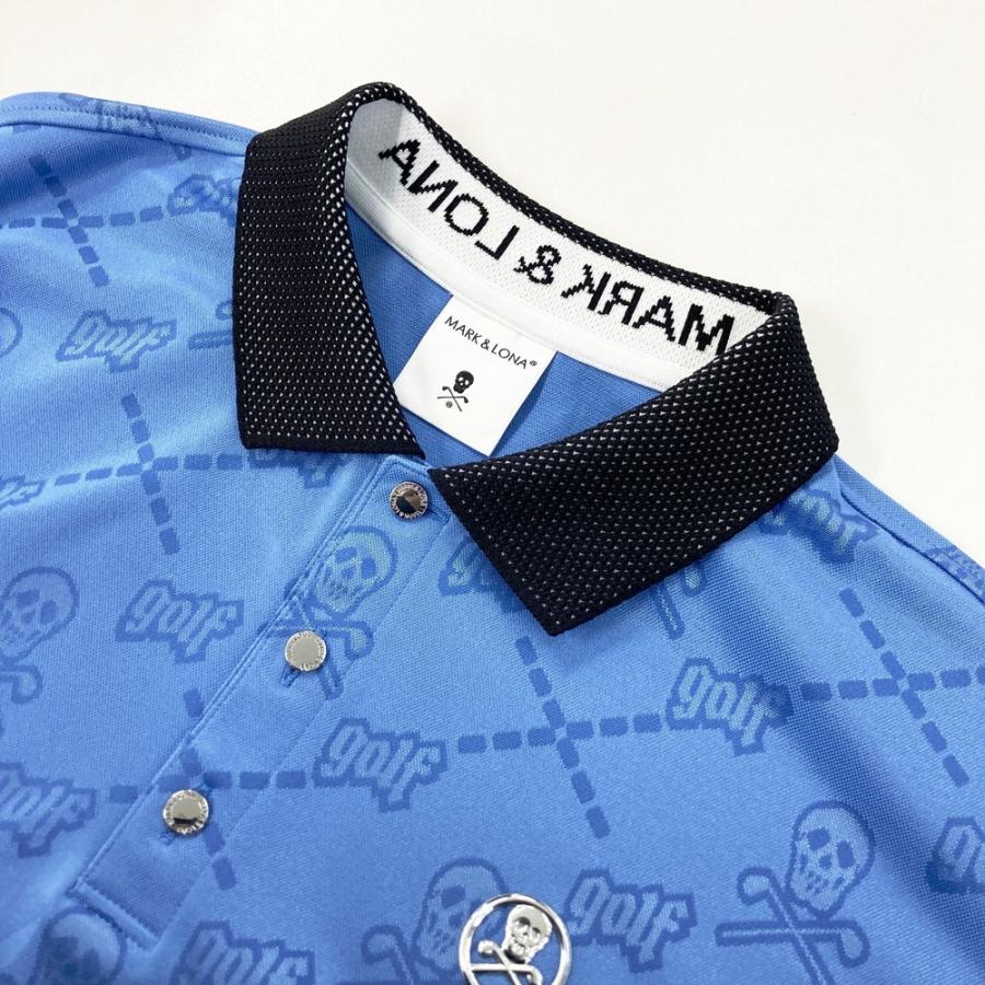 美品 MARK&LONA マークアンドロナ 半袖ポロシャツ 総柄 44 MARK&LONA マークアンドロナ 半袖ポロシャツ スカル総柄 ブルー系 48
