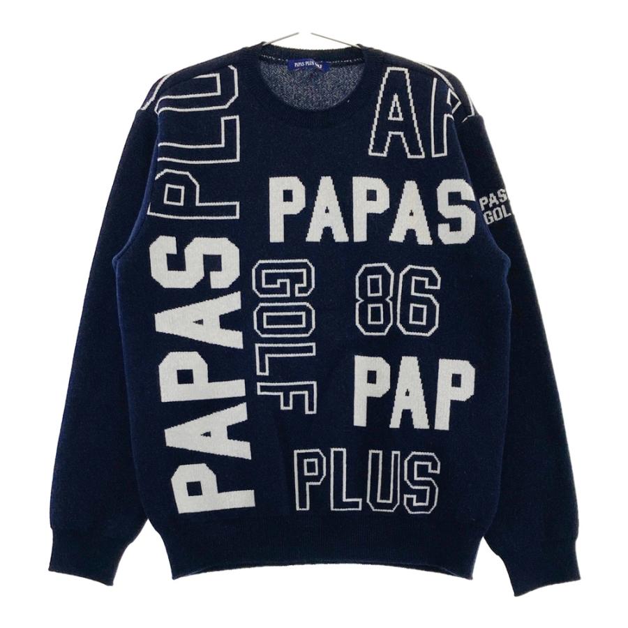 PLUS（プラス） PAPAS パパス ニットセーター ロゴ総柄 ネイビー系 M