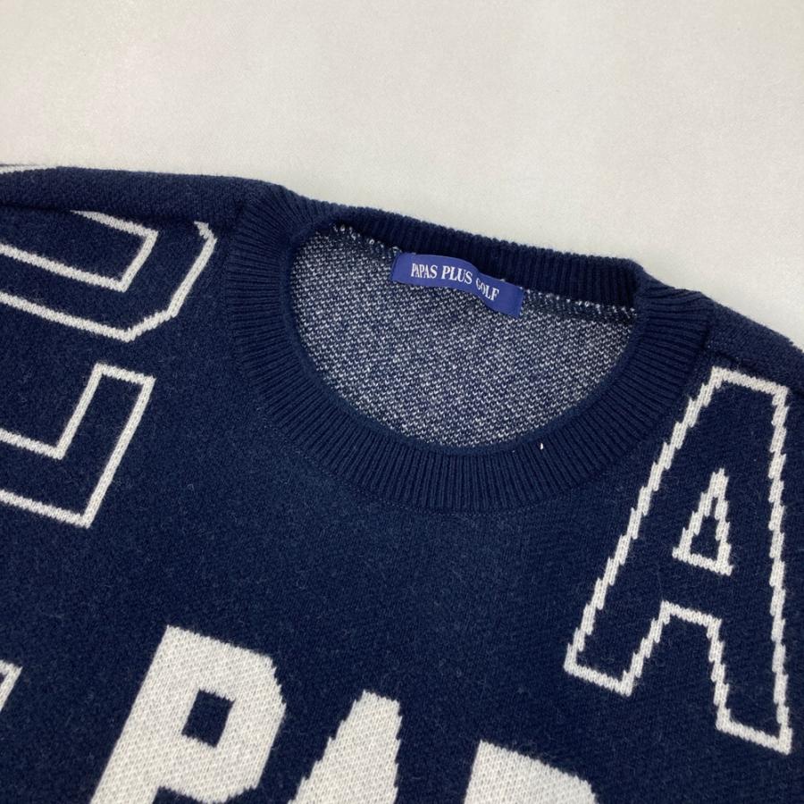 PLUS（プラス） PAPAS パパス ニットセーター ロゴ総柄 ネイビー系 M
