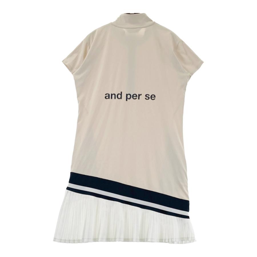 サイズ：M AND PER SE アンパスィ  半袖ワンピース メッシュプリーツ  ベージュ系 [240101606315] ゴルフウェア レディース ストスト and per se（アンパスィ） 半袖ワンピース メッシュプリーツ ベージュ