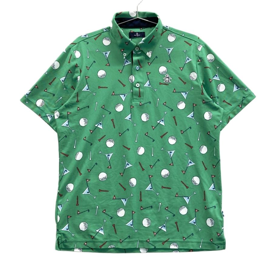 極美品✨マンシングウェア ロゴマーク×アメコミ風柄総柄 半袖ゴルフポロシャツ L MUNSING WEAR マンシングウェア 半袖ポロシャツ 総柄 グリーン系 L