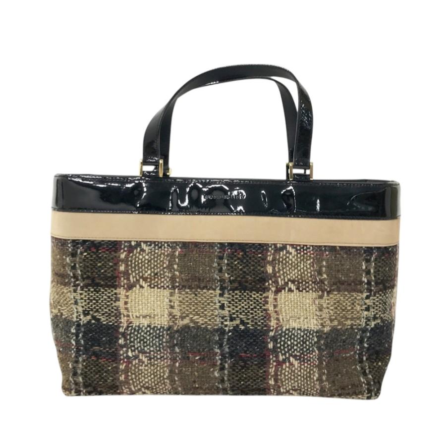 BURBERRY バーバリー エナメル切替 トートバッグ チェック柄 ブラウン 