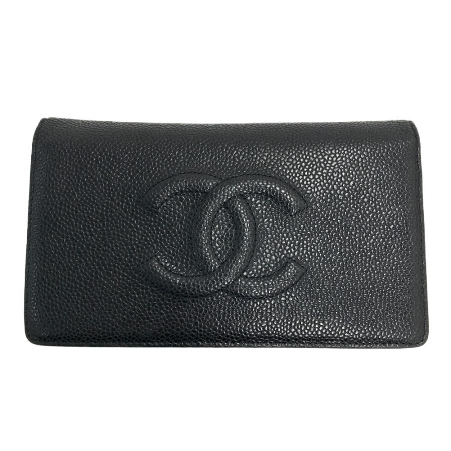 CHANEL シャネル 長財布 キャビアスキン ブラック系 レディース 