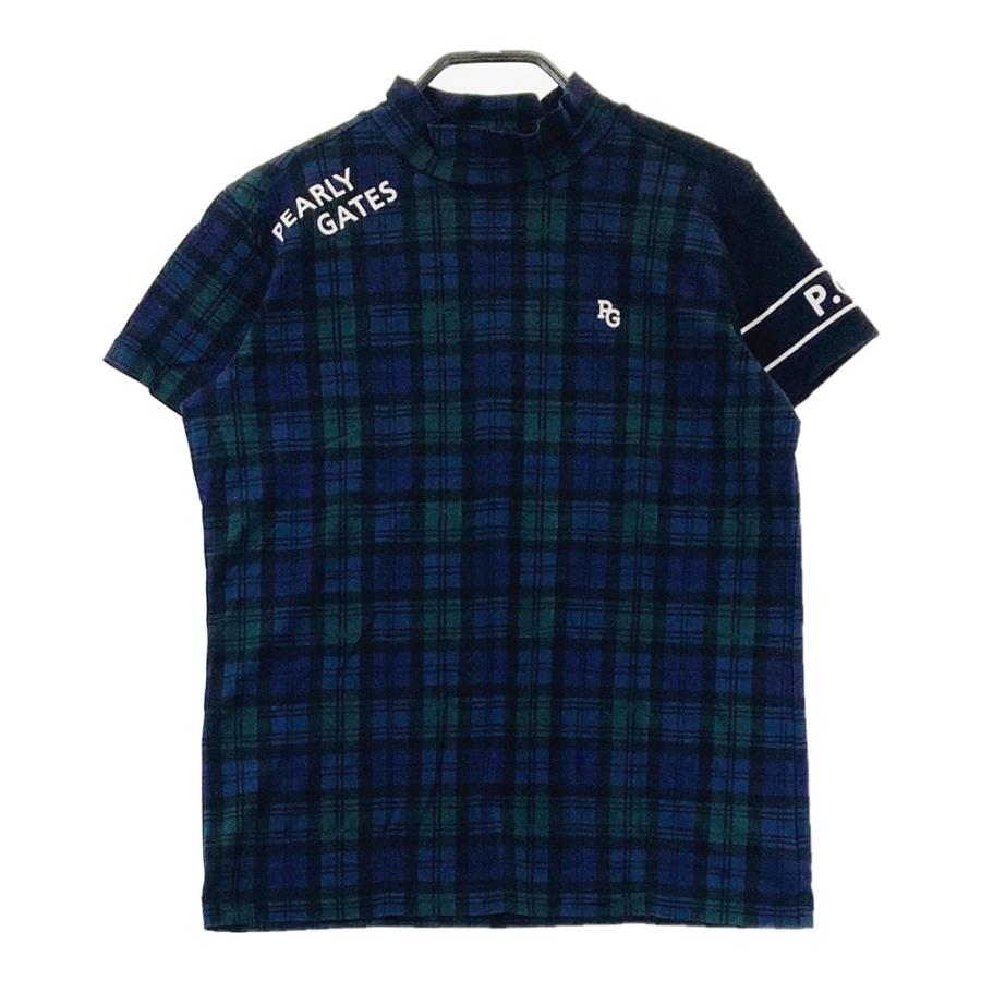 サイズ：2 PEARLY GATES パーリーゲイツ  ハイネック 半袖Tシャツ チェック柄 ネイビー系 [240101672487] ゴルフウェア レディース ストスト PEARLY GATES（パーリーゲイツ） ハイネック 半袖Tシャツ チェック柄