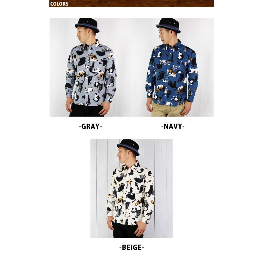 希少レア 猫柄 長袖シャツ L 日本製 リネン混 総柄 紺色 ヴィンテージ 古着 CIAO TOKYO 猫柄 シャツ 日本製 長袖シャツ 国産 総柄