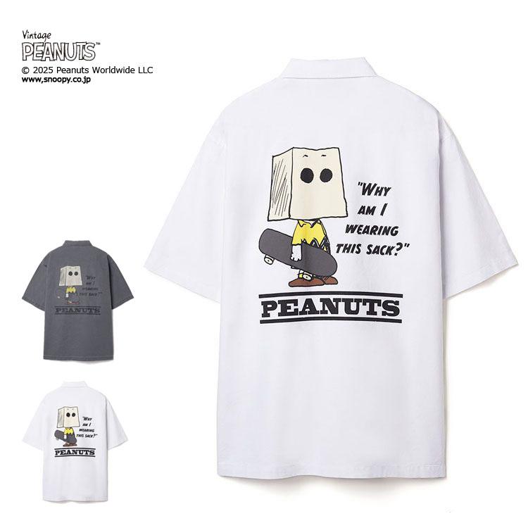 PEANUTS ミリタリー 半袖シャツ スケートボード NUTMEG ダブルーネーム パックプリント チャーリーブラウン ミスターサック スポーツ ストリート リラックスシルエット 2J8-15883 PEANUTS ミリタリー 半袖 シャツ スケートボード NUTMEG ダブルー