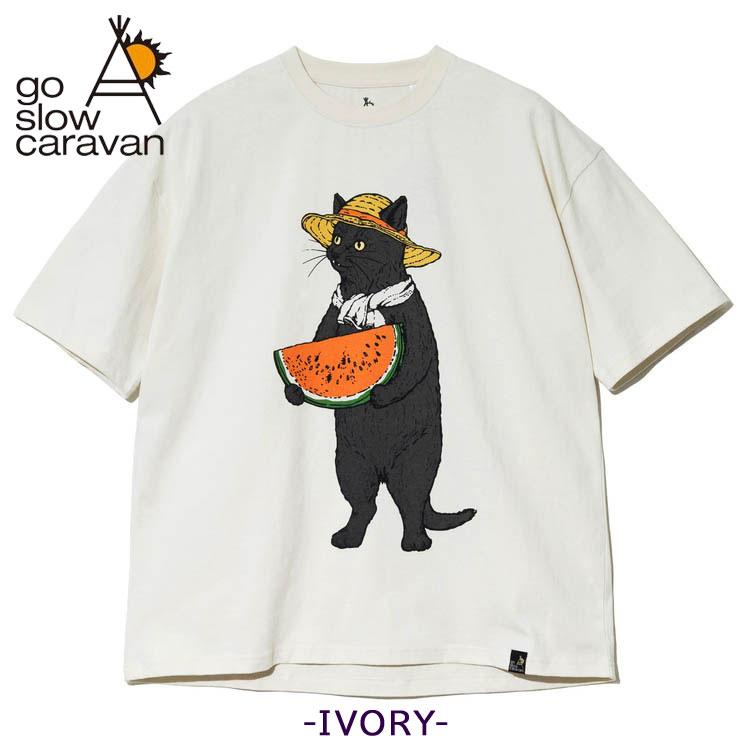go slow caravan（ゴースローキャラバン） スイカ 猫 麦わら帽子 半袖T