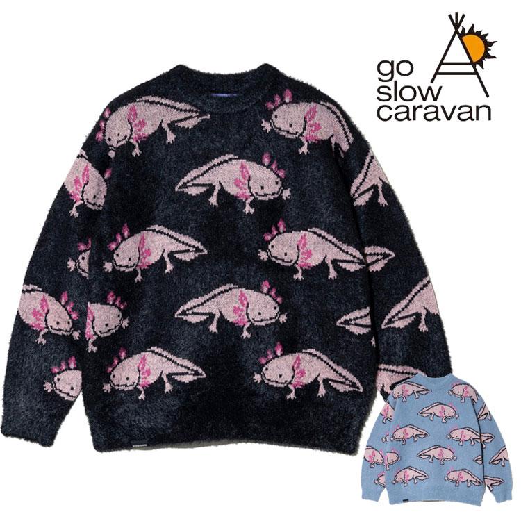 go slow caravan ウーパールーパー IMPACT シャギー MIX ジャガード ニット セーター 総柄 ビッグサイズ ダブルジャガード クルーネック カジュアル 暖かい ユニセックス アウトドア 356107 go slow caravan（ゴースローキャラバン） ウーパールーパー柄 総柄