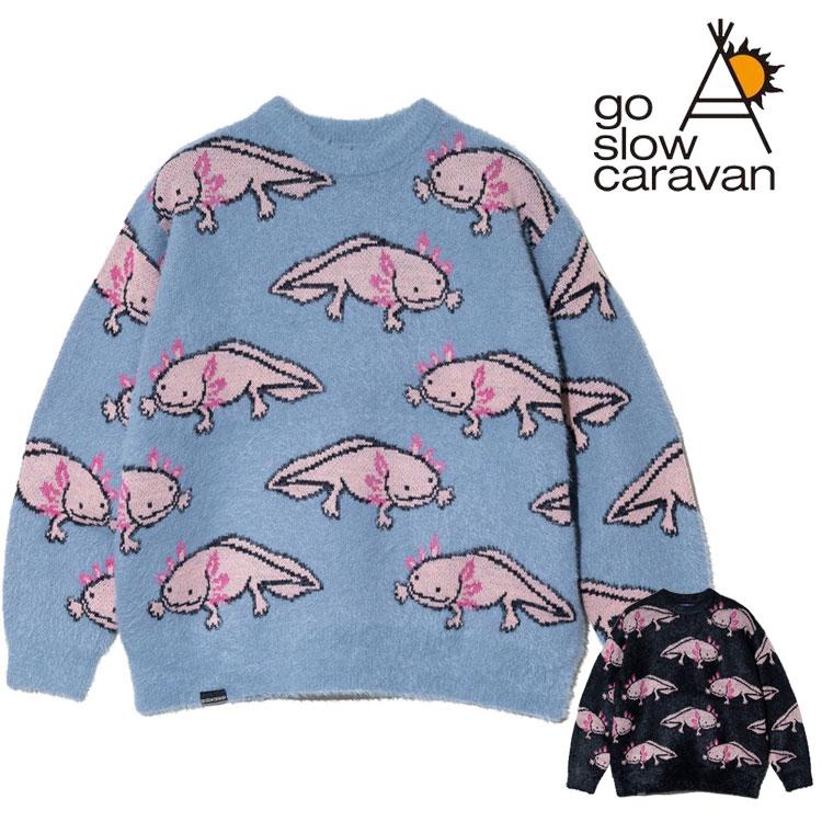 go slow caravan ウーパールーパー IMPACT シャギー MIX ジャガード ニット セーター 総柄 ビッグサイズ ダブルジャガード クルーネック カジュアル 暖かい ユニセックス アウトドア 356107 go slow caravan（ゴースローキャラバン） ウーパールーパー柄 総柄