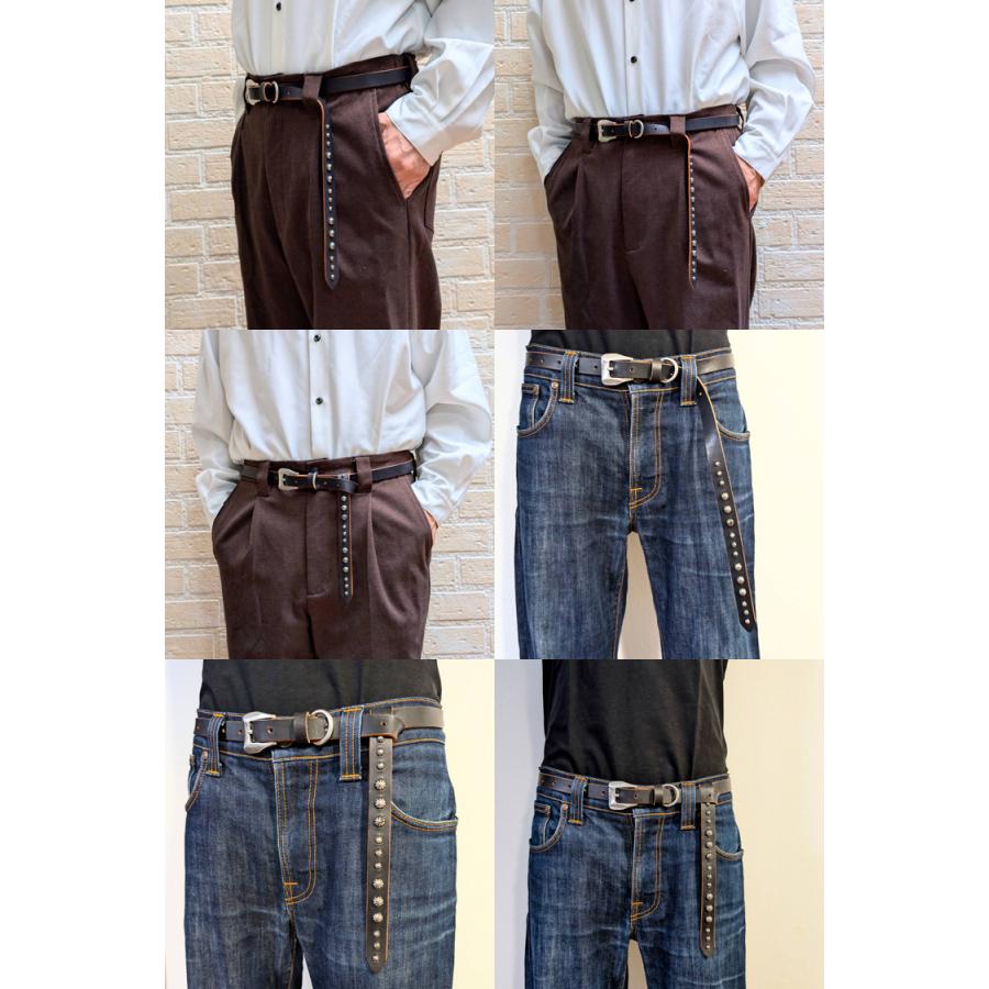 日本製 茶芯レザー 3連 15連 スタッズ ナローベルト 1.9cm幅 真鍮