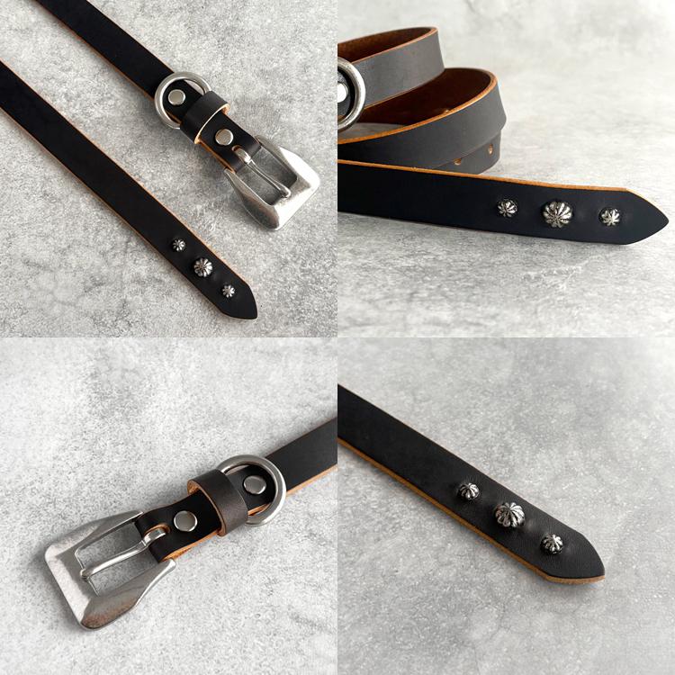 日本製 茶芯レザー 3連 15連 スタッズ ナローベルト 1.9cm幅 真鍮