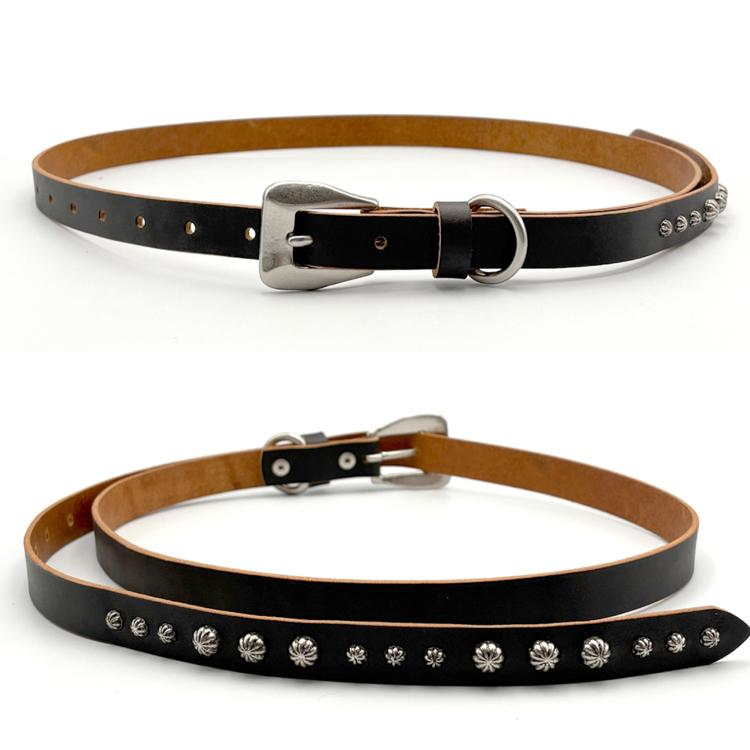 日本製 茶芯レザー 3連 15連 スタッズ ナローベルト 1.9cm幅 真鍮